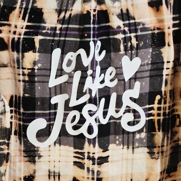 Love Like Jesus Custom Christian Upcycled Black Plaid Flannel Shirt, L - Picture 2 of 5